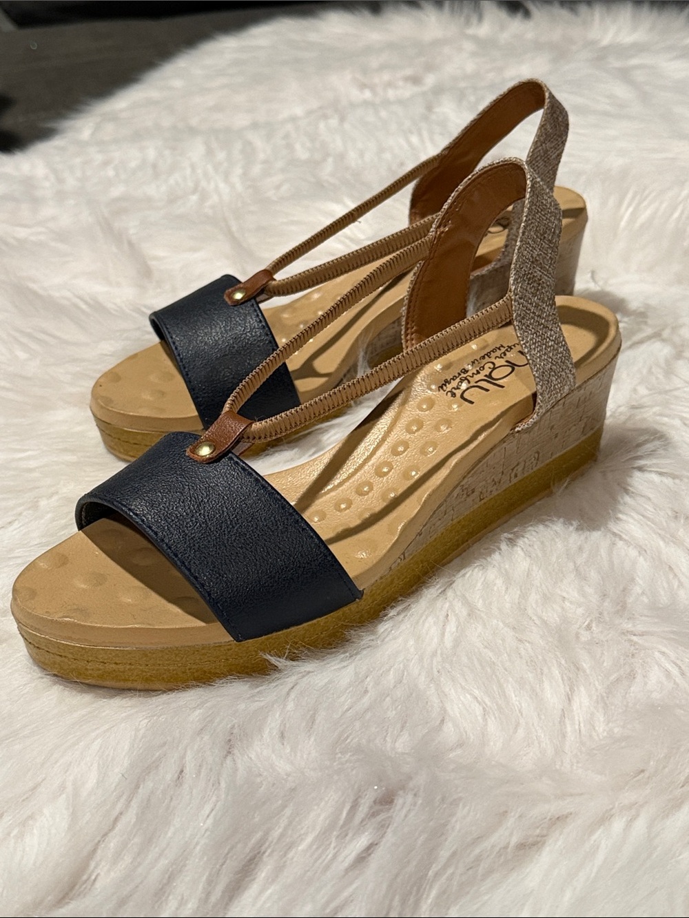 Comfortable Navy and Tan Elastic Slingback Wedge Sandals